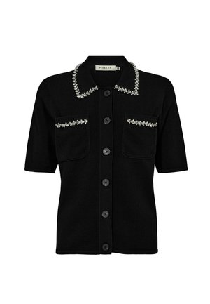 Black short-sleeve cardigan with a collared neckline, featuring decorative rhinestones on the collar and pockets, and black buttons.