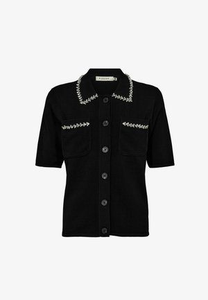 Black short-sleeve cardigan with a collared neckline, featuring decorative rhinestones on the collar and pockets, and black buttons.