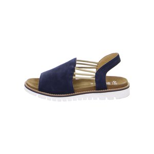 Navy blue open-toe sandal with elastic side straps, cushioned brown footbed, and white ridged sole.