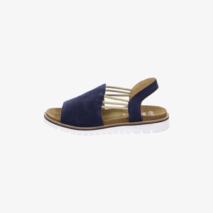 Navy blue open-toe sandal with elastic side straps, cushioned brown footbed, and white ridged sole.