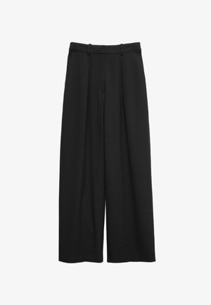 Pantalones de pierna ancha negros, confeccionados con una tela suave, que presentan un frente plano, presillas para cinturón y sin adornos visibles.