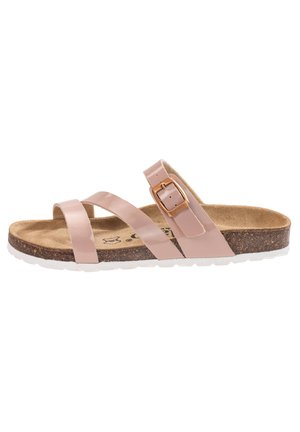 Pink patent leather sandals with two crossed straps, a side buckle, and a cork footbed. Rubber sole for grip.