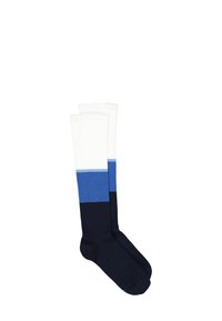 Calze al ginocchio con strisce orizzontali bianche, azzurro chiaro, blu scuro e blu navy; realizzate in un tessuto liscio e elasticizzato.