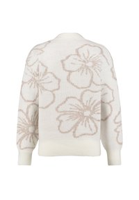 Pull en tricot crème avec un motif floral beige clair. Poignets et ourlet côtelés, coupe décontractée, texture douce. Vue de dos.