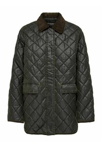 Giubbotto trapuntato verde scuro con colletto in corduroy, due tasche frontali e cuciture a contrasto. Texture morbida con design a motivo diamante.