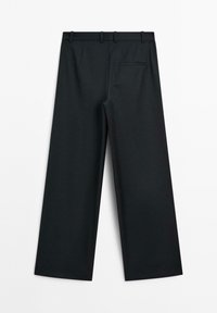 Black wide-leg trousers with a smooth texture, featuring a tailored waistband, belt loops, and a back pocket detail.