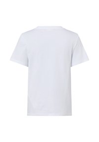 T-shirt bianca in cotone con maniche corte, collo rotondo e design semplice, caratterizzata da una texture liscia e un taglio dritto sul retro.