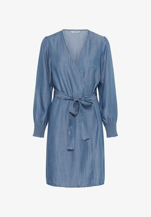 Denim Wickelkleid in Hellblau, mit langen Ärmeln und gerafften Bündchen, verstellbarem Bindegürtel in der Taille und V-Ausschnitt.