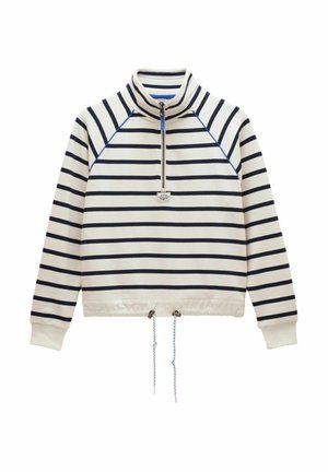 White pullover with navy horizontal stripes, quarter zipper neckline, blue seam accents, ribbed cuffs, and adjustable drawstring hem.