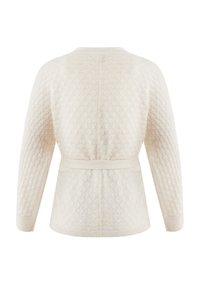 Krämfärgad cardigan med ett strukturerat mönster, långa ärmar och knytbar midja. Har en rundad krage och ribbade muddar.