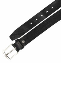 Black leather belt with woven texture, silver rectangular buckle, and multiple adjustment holes, featuring a smooth finish.