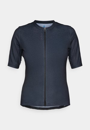 Maglietta da ciclismo a maniche corte di colore blu navy, realizzata in tessuto leggero, con zip frontale, colletto rotondo e taglio slim.