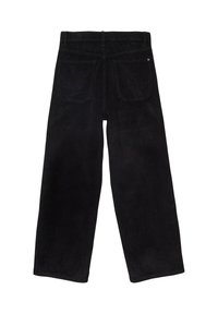 Zwarte ribfluwelen wijde broek met een geribbelde structuur, voorzien van twee achterzakken en een standaard tailleband.