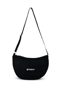 Borsa a spalla nera in tessuto, di forma curvata con chiusura a zip, dotata di un logo argentato e di una tracolla regolabile. Texture liscia senza pattern.