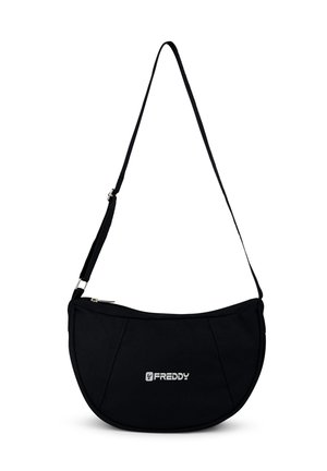 Borsa a spalla nera in tessuto, di forma curvata con chiusura a zip, dotata di un logo argentato e di una tracolla regolabile. Texture liscia senza pattern.