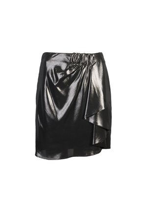 Black metallic mini skirt with gathered detail and asymmetric layered ruffle on front, smooth shiny fabric.