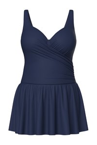 Abito da bagno blu navy con spalline larghe, corpetto arricciato a effetto incrociato e orlo della gonna svasato.