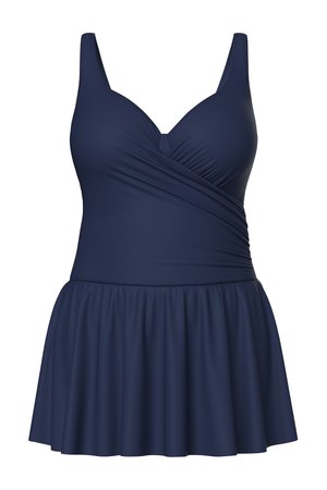 Granatowa sukienka kąpielowa z szerokimi ramiączkami, marszczonym górnym stanem w stylu kopertowym i rozkloszowanym dołem.