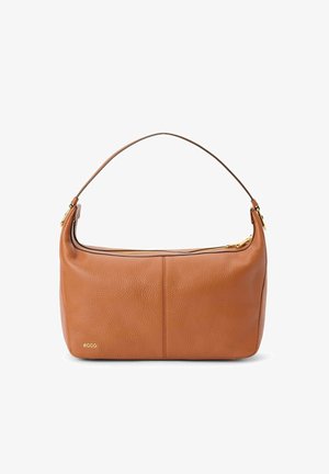 Brązowa skórzana torebka z teksturowaną powierzchnią, zakrzywionym uchwytem i zamkiem błyskawicznym na górze. Widoczne są akcenty w kolorze złotym.