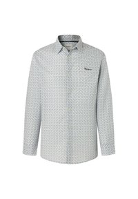 Ljusblå långärmad skjorta med blommönster, knappad krage och en liten logotyp på vänster bröst. Tillverkad av ett mjukt tyg.