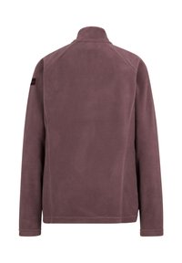 Lila Fleecejacke mit hohem Kragen, langen Ärmeln und geradem Saum. Mit einem Etikett am linken Ärmel. Weiche, glatte Textur.