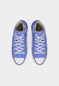 Ζευγάρι μπλε ψηλά πάνινα αθλητικά παπούτσια με λευκές λαστιχένιες μύτες και κορδόνια, τοποθετημένα όρθια σε λευκό φόντο.