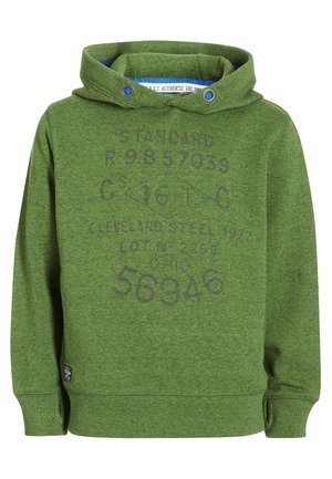 Sweat à capuche vert avec impression de texte sur le devant incluant des chiffres et le détail "Cleveland Steel". Poignets et ourlet côtelés avec capuche boutonnée.