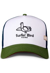 Cappellino verde con visiera bianca che presenta un grafico di un uccello ricamato in nero e il testo "Surfin' Bird est. 1963." Fianchi e retro in rete blu.