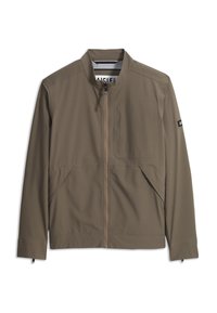 Μπεζ μπουφάν με φερμουάρ και όρθιο γιακά, δύο πλαϊνές τσέπες, τσέπη στο στήθος και ετικέτα λογοτύπου στο αριστερό μανίκι.