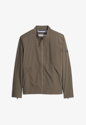 Svetlohnedá bunda na zips so stojacím golierom, dvoma bočnými vreckami, náprsné vrecko a nášivka s logom na ľavom rukáve.