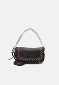 Schwarze Lederhandtasche mit einem geflochtenen cremefarbenen Griff, bunten gestickten Akzenten und einem dezenten Logo. Verfügt über einen abnehmbaren Riemen und einen Reißverschluss.