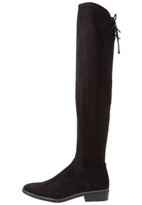 Botas negras por encima de la rodilla hechas de suave ante con tacón plano, que presentan un diseño elegante y un detalle de atado en la parte superior para un ajuste ajustable.