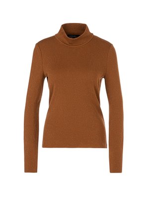 Braunes langärmliges Rollkragenoberteil aus strukturiertem Stoff mit subtiler Glanzoptik. Hat ein figurschmeichelndes Design und einen gerippten Kragen.