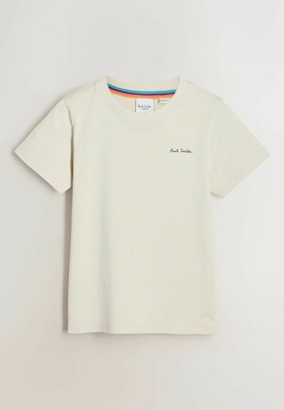 Hellbeiges Baumwoll-T-Shirt mit kurzen Ärmeln, rundem Ausschnitt und kleinem marineblauem Logo auf der linken Seite; Innenbereich mit mehrfarbigen Streifenakzenten.