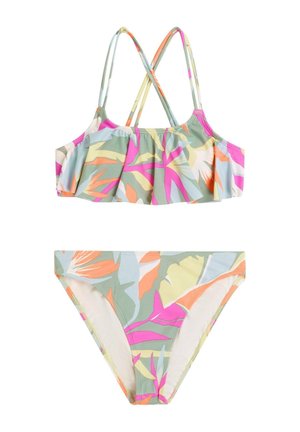 Dwuczęściowy strój kąpielowy z falbanianym, regulowanym topem i klasycznymi majtkami. Wzór z dużymi tropikalnymi liśćmi w pastelowych kolorach.