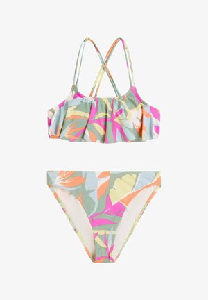 Bikini de dos piezas con un top ajustable y con volantes, y una parte inferior clásica. Con estampado de grandes hojas tropicales en colores pastel.