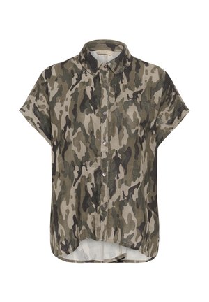 Short-sleeve button-up shirt with green, brown, and beige camouflage pattern and a spread collar.