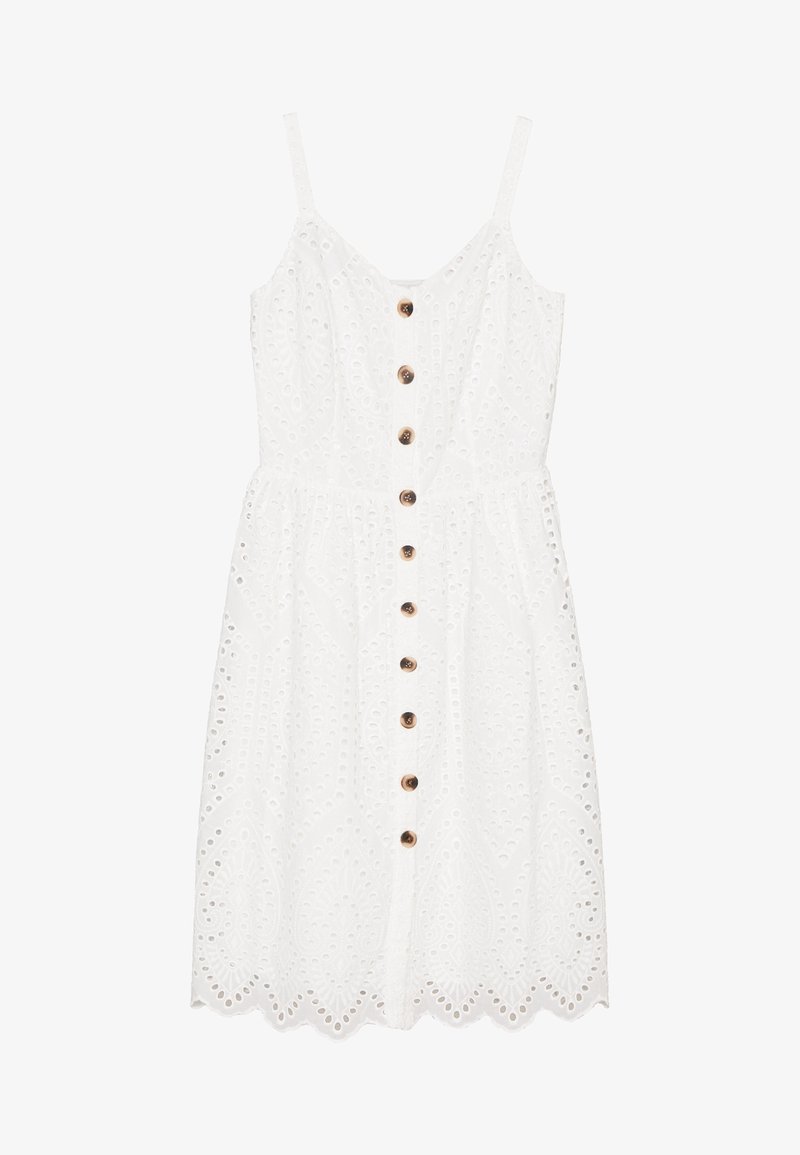Robe blanche sans manches en œillet avec des boutons marron sur le devant et un ourlet festonné, avec une taille ajustée et un décolleté en V.