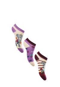 Tres pares de calcetines hasta el tobillo en color crema, púrpura y burdeos. Presentan patrones florales, diseños de personajes y colores de punta contrastantes.