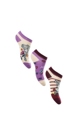Tres pares de calcetines hasta el tobillo en color crema, púrpura y burdeos. Presentan patrones florales, diseños de personajes y colores de punta contrastantes.