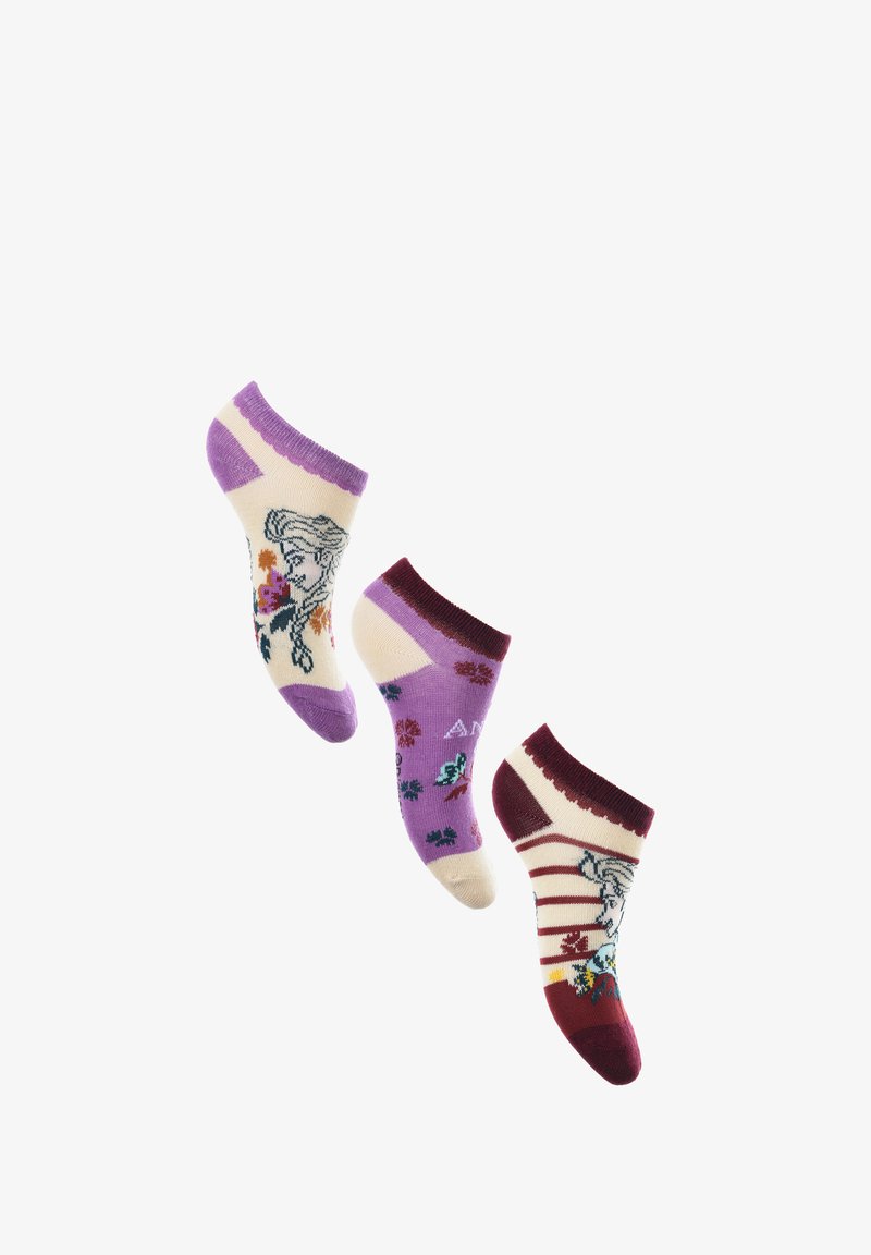 Tre paia di calzini alla caviglia in crema, viola e bordeaux. Presentano motivi floreali, disegni di personaggi e colori dei piedi a contrasto.