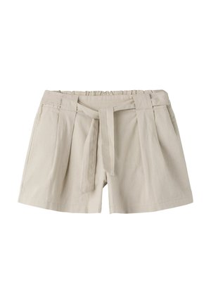 Beige plisserte shorts med høy midje, elastisk bakdel, sidelommer og et matchende stoffbelte knytt foran.