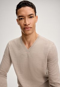 Maglione beige chiaro a scollo a V con maniche lunghe, caratterizzato da una consistenza liscia e da un delicato dettaglio di cucitura lungo il colletto.