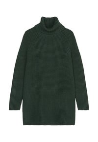 Dunkelgrüner Strickrollkragenpullover. Verfügt über eine strukturierte Oberfläche und lange Ärmel, mit lockerer Passform und geripptem Kragen.