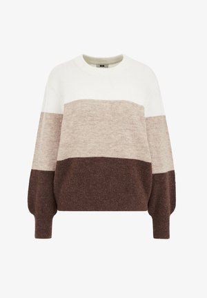 Jersey de lana con rayas horizontales en blanco, beige claro, beige medio y marrón. Cuello redondo, corte relajado y puños de canalé.