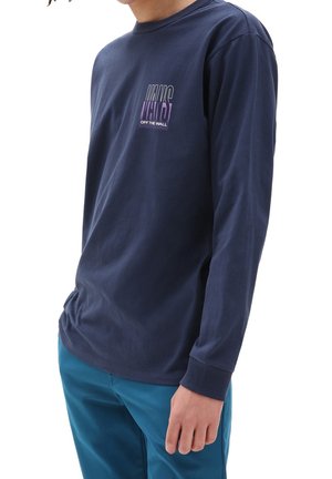 Marineblå langærmet T-shirt i bomuld med et grafisk logo "VANS OFF THE WALL" i lilla og hvid på forsiden. Basic pasform, rund hals.