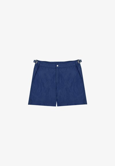 Navyblaue Badehose aus leichtem Material, mit flachem Frontteil und Knopf, seitlichen Taschen und verstellbaren Schnallenriemen.