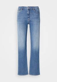 Lys blå denim jeans med rett ben-design, som har en bleket effekt, fem lomme-stil og standard knappedrakt med glidelås.