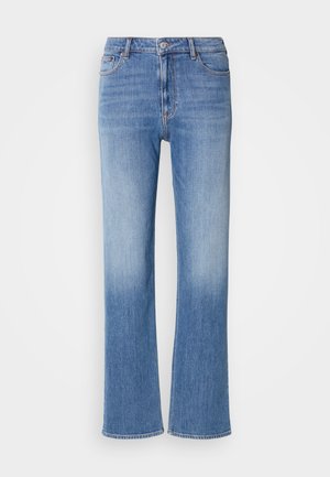 Light blue denim jeans with a straight-leg design, featuring a faded effect, five-pocket style, and standard button and zipper closure.