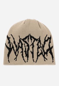 Gorro de punto en beige con un diseño de logotipo negro y irregular. Cuenta con una textura suave y una corona redondeada para un ajuste ceñido.